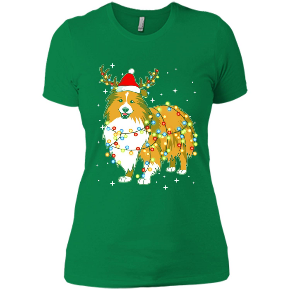 Christmas Lights Shetland Sheepdog Wearing Santa Hat Funny Xmas - Ladies' Boyfriend T-Shirt