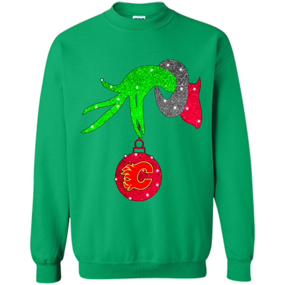 GRINCH HAND HOLDING CALGARY FLAMES GLITTER CHRISTMAS PINGPONG