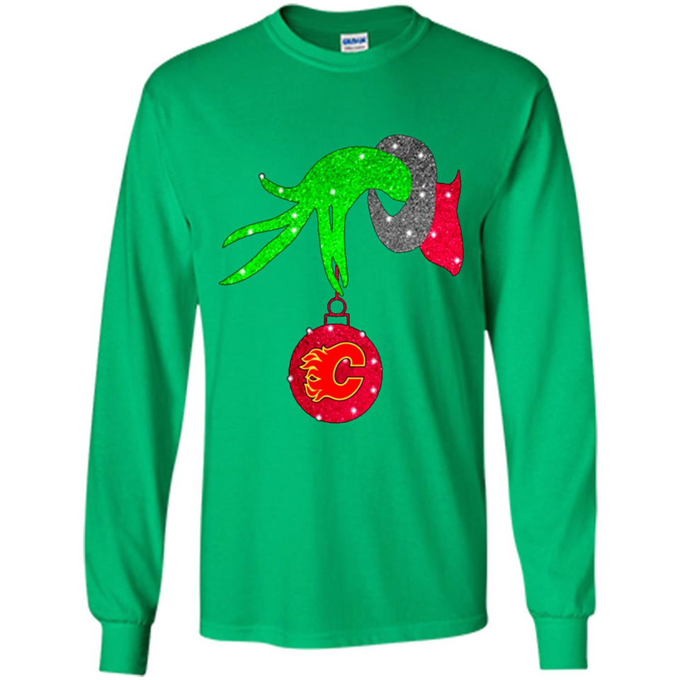 GRINCH HAND HOLDING CALGARY FLAMES GLITTER CHRISTMAS PINGPONG