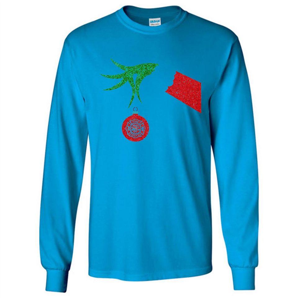Funny Grinch Hand holding Firefighter ornament Christmas Sporty T-Shirt - Long Sleeve T-Shirt