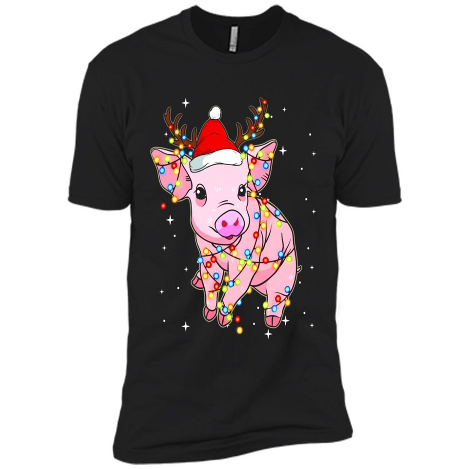 Christmas Lights Pig Wearing Santa Hat Funny Xmas - Premium Short Sleeve T-Shirt
