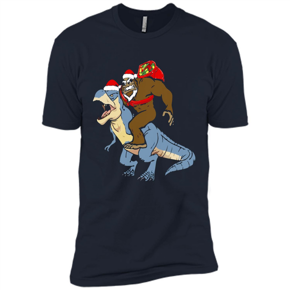 Bigfoot Riding Dinosaurus T-Shirt Funny Bigfoot Santa - Premium Short Sleeve T-Shirt