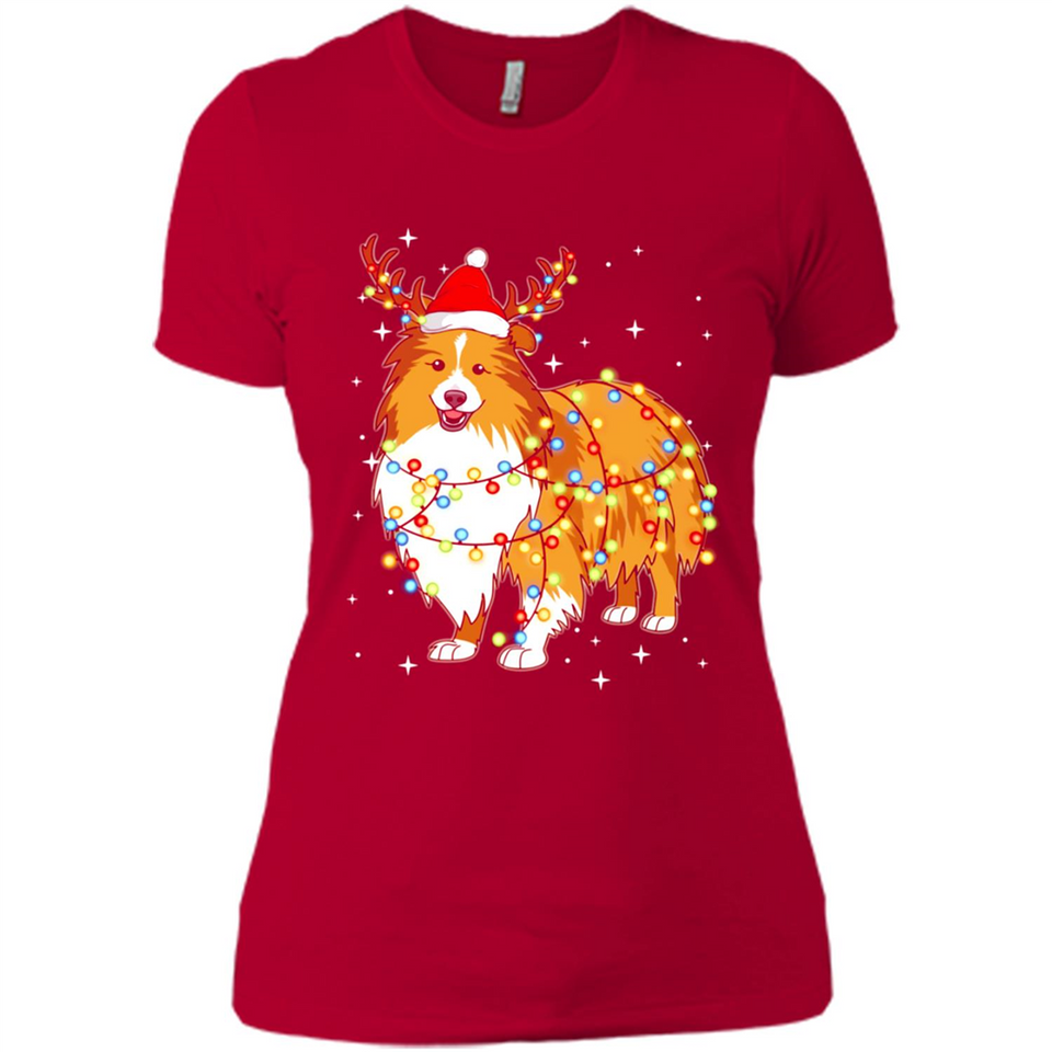 Christmas Lights Shetland Sheepdog Wearing Santa Hat Funny Xmas - Ladies' Boyfriend T-Shirt