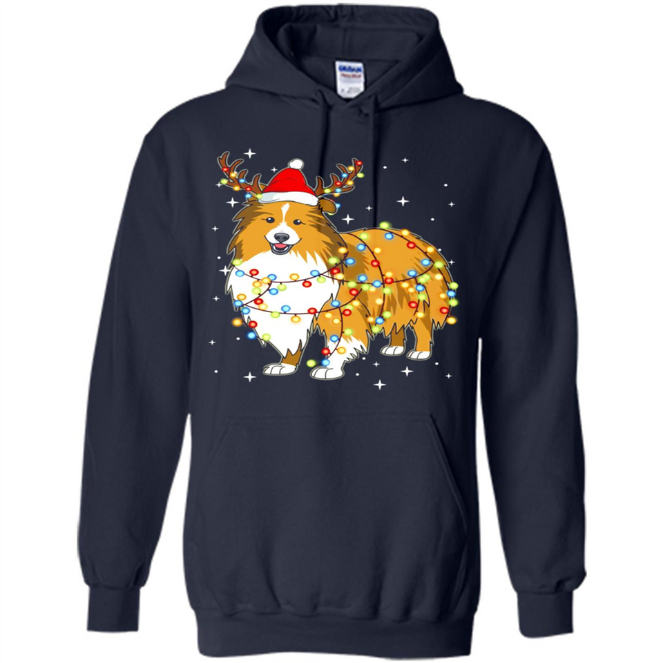 Christmas Lights Shetland Sheepdog Wearing Santa Hat Funny Xmas - Hoodie