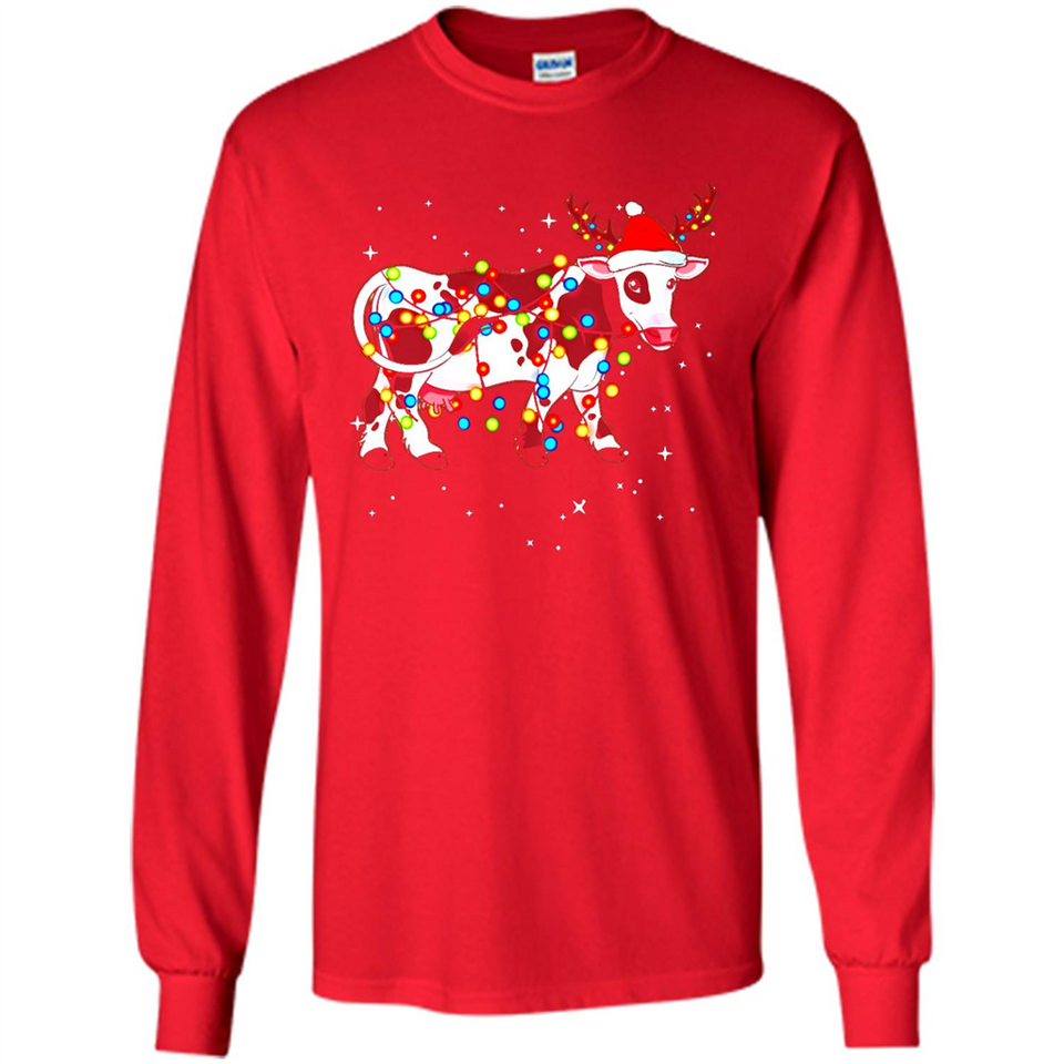 Christmas Lights Cow Wearing Santa Hat Funny Xmas Sweatshirt - Long Sleeve T-Shirt