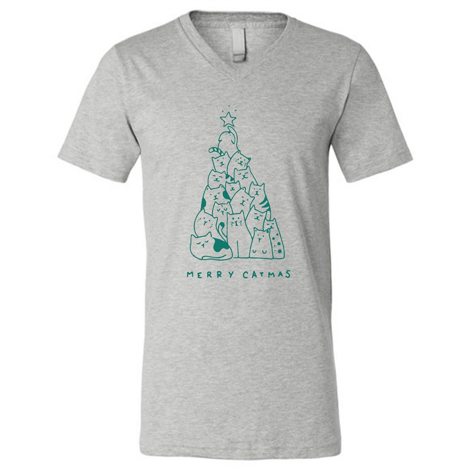 Merry Catmas Funny Cat Christmas Tree Sweatshirt - Canvas Unisex V-Neck