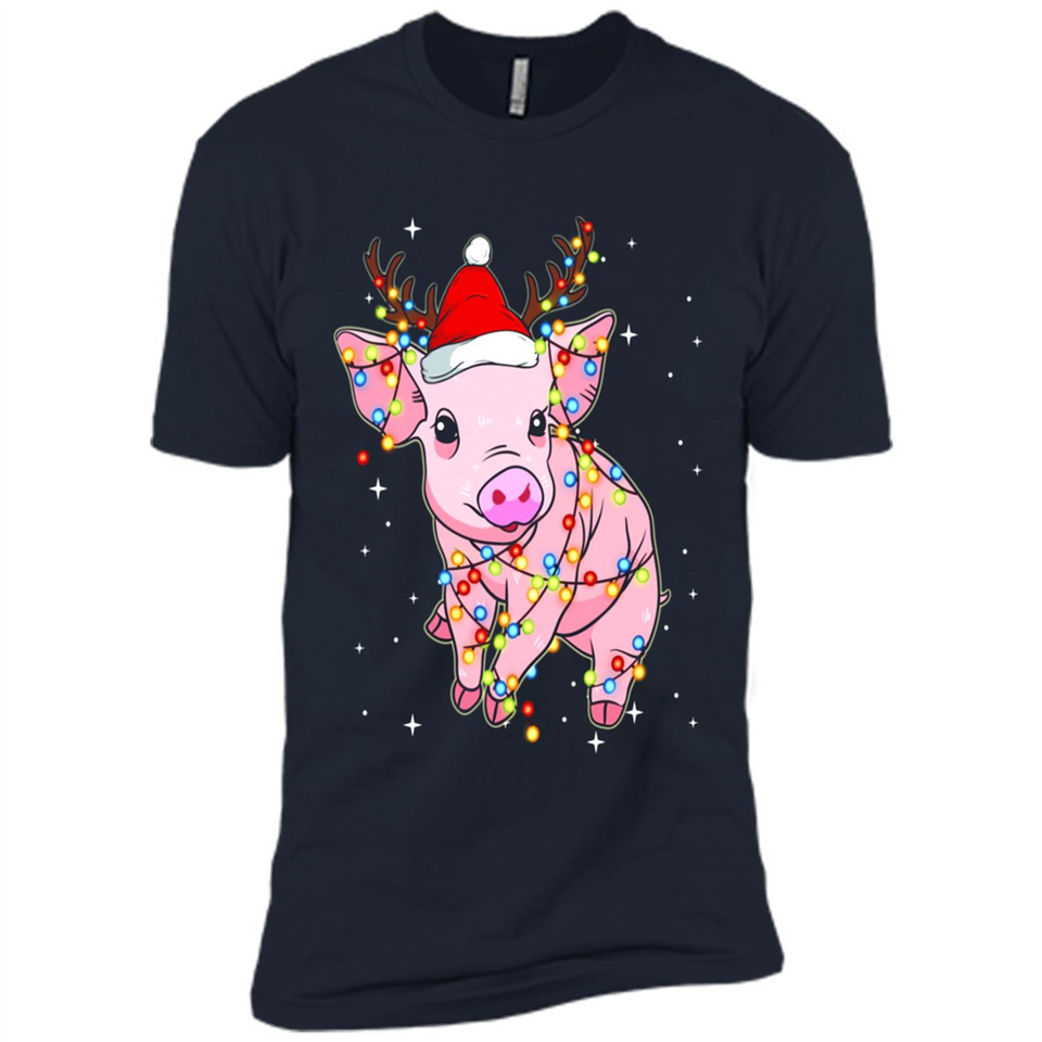 Christmas Lights Pig Wearing Santa Hat Funny Xmas - Premium Short Sleeve T-Shirt