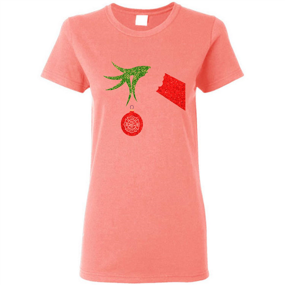 Funny Grinch Hand holding Firefighter ornament Christmas Sporty T-Shirt - Ladies Short-Sleeve