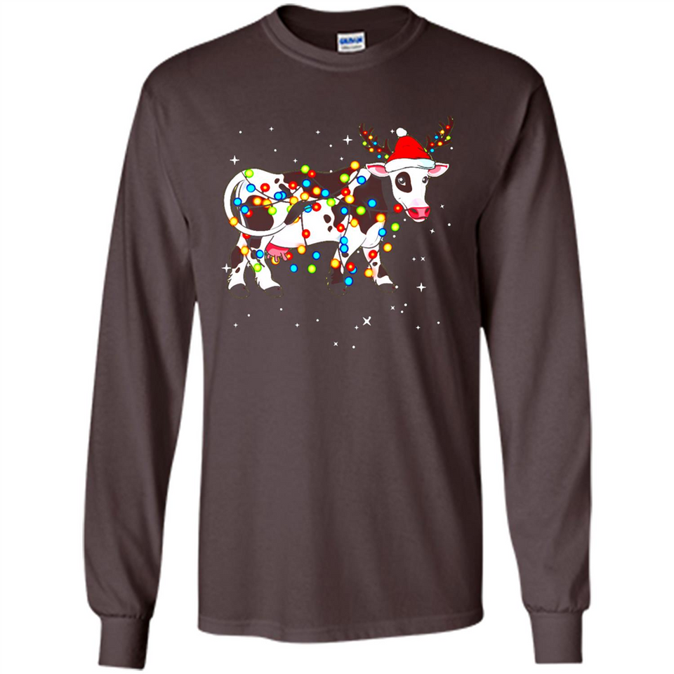 Christmas Lights Cow Wearing Santa Hat Funny Xmas Sweatshirt - Long Sleeve T-Shirt