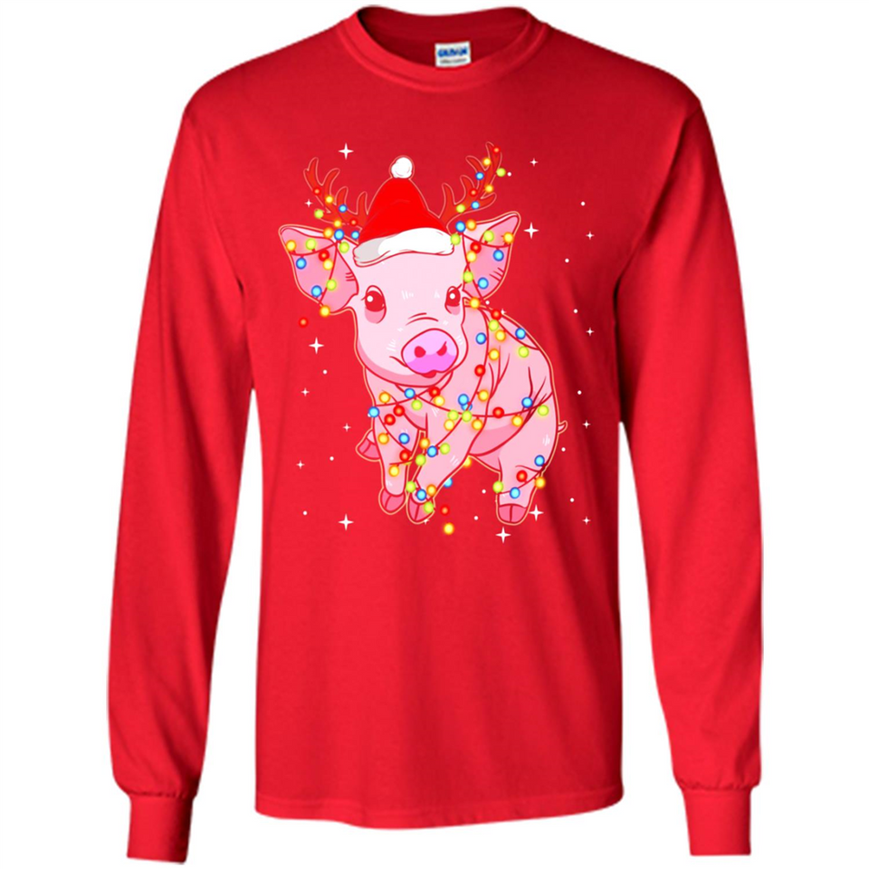 Christmas Lights Pig Wearing Santa Hat Funny Xmas - Long Sleeve T-Shirt
