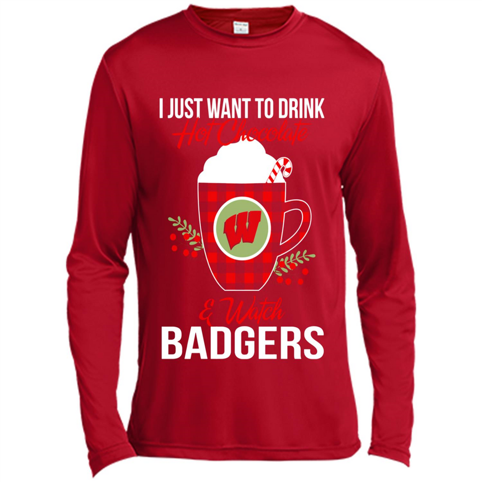 I Just Want To Drink Hot Chocolate & Watch Wisconsin Badgers Ugly Christmas Sweater PINGPONG