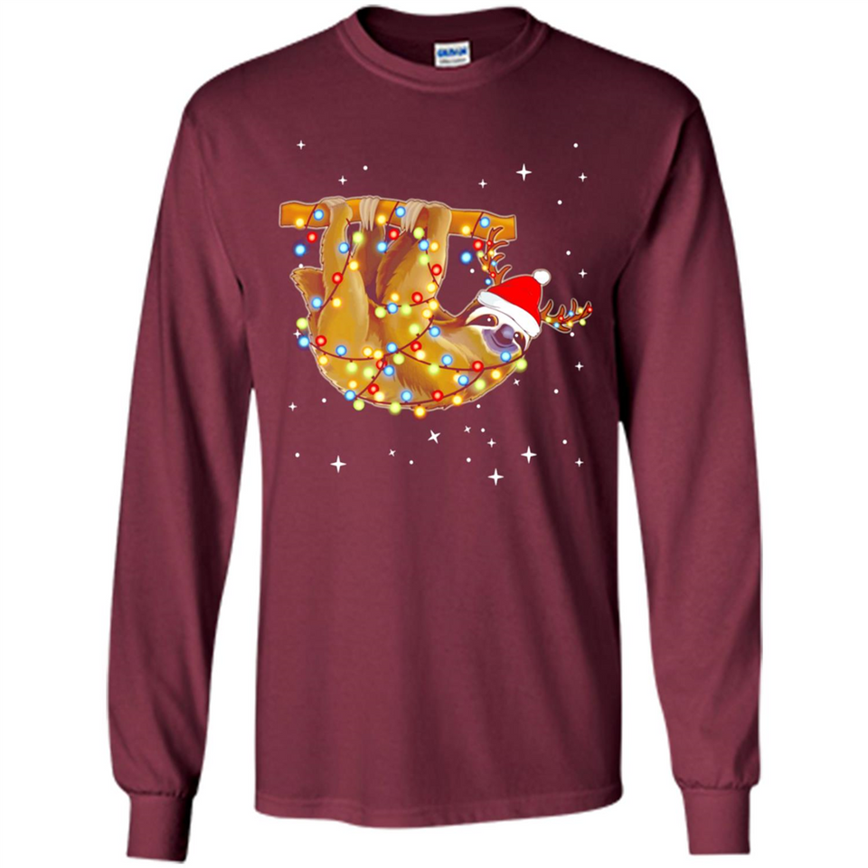Christmas Lights Sloth Wearing Santa Hat Funny Xmas - Long Sleeve T-Shirt
