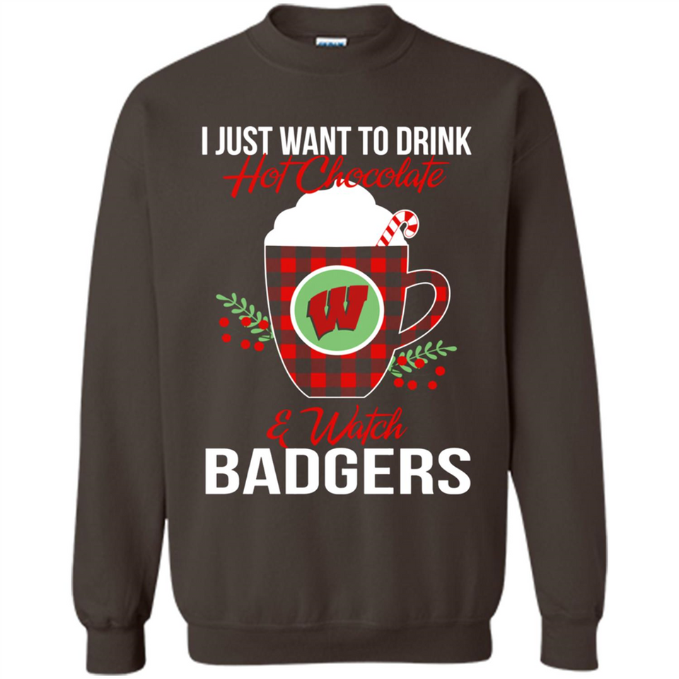 I Just Want To Drink Hot Chocolate & Watch Wisconsin Badgers Ugly Christmas Sweater PINGPONG