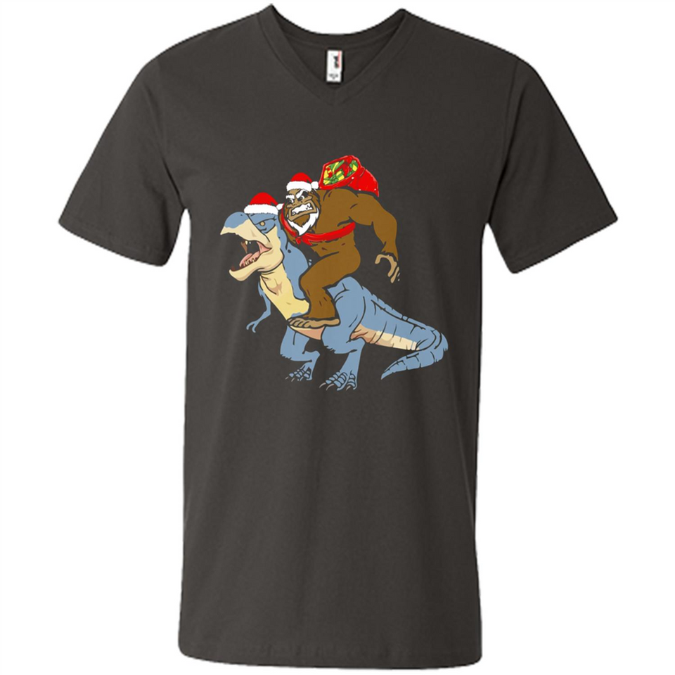 Bigfoot Riding Dinosaurus T-Shirt Funny Bigfoot Santa - Men's V-Neck