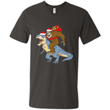 Bigfoot Riding Dinosaurus T-Shirt Funny Bigfoot Santa - Men's V-Neck