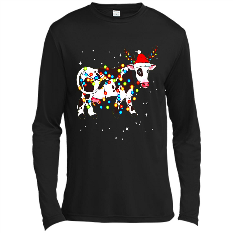 Christmas Lights Cow Wearing Santa Hat Funny Xmas Sweatshirt - Canvas Long Sleeve T-Shirt