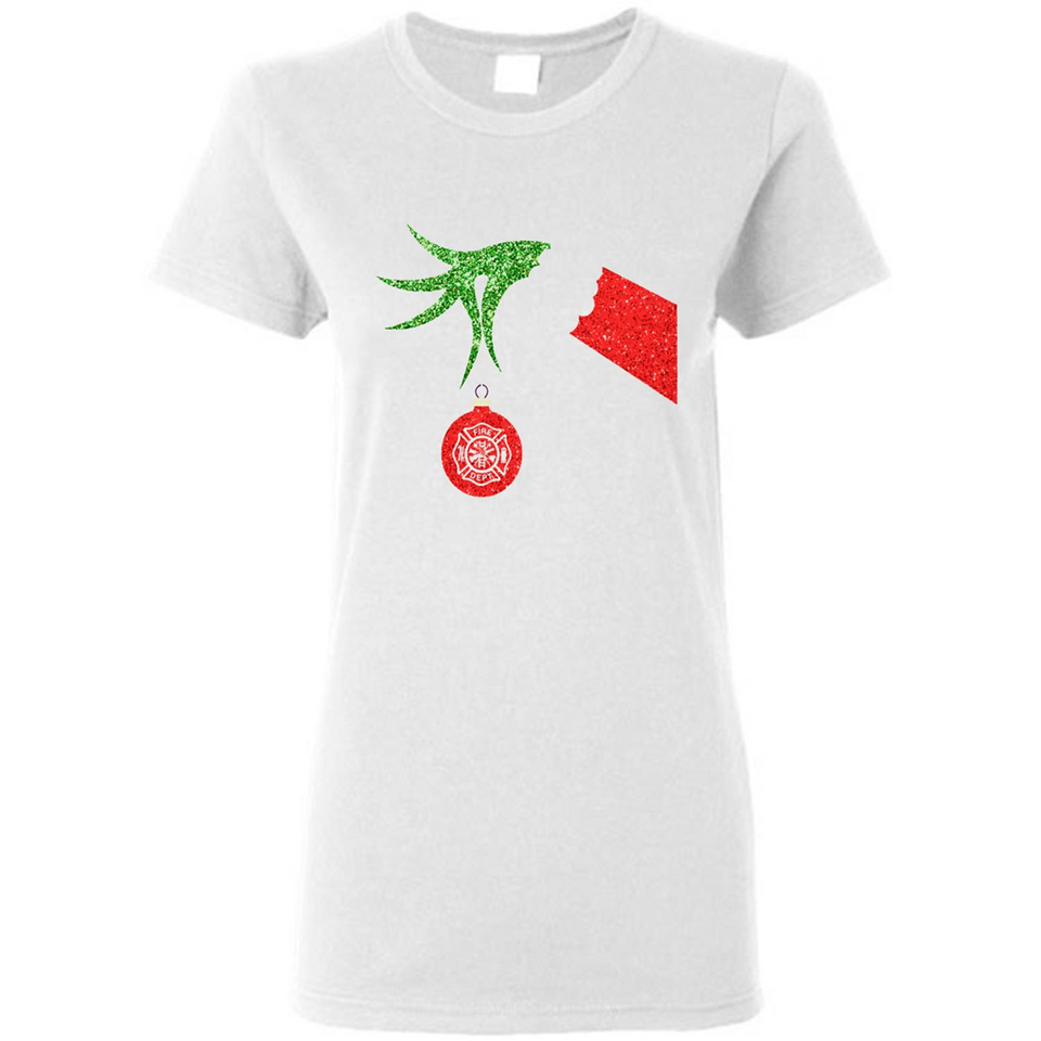 Funny Grinch Hand holding Firefighter ornament Christmas Sporty T-Shirt - Ladies Short-Sleeve