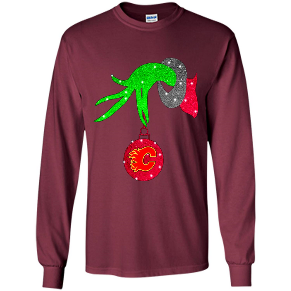 GRINCH HAND HOLDING CALGARY FLAMES GLITTER CHRISTMAS PINGPONG