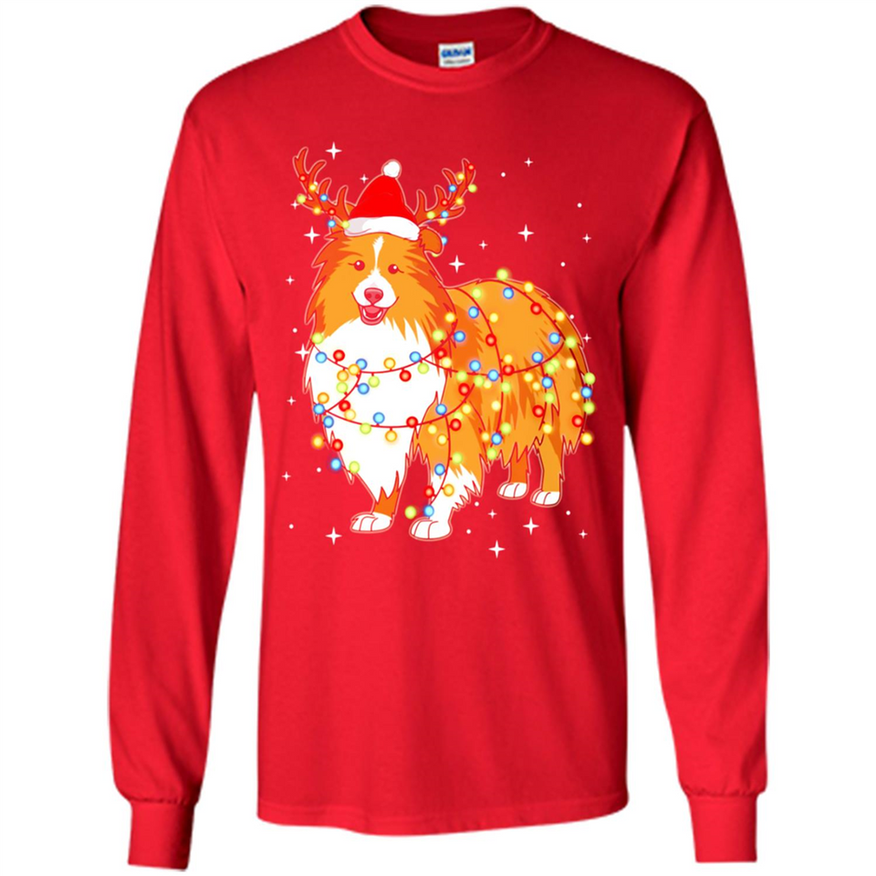 Christmas Lights Shetland Sheepdog Wearing Santa Hat Funny Xmas - Long Sleeve T-Shirt