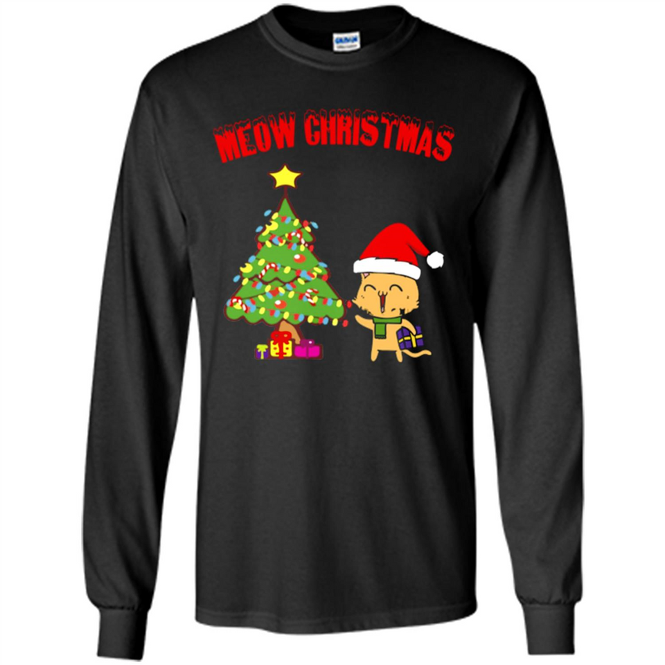 Meow merry christmas- cat and pine merry christmas - Long Sleeve T-Shirt