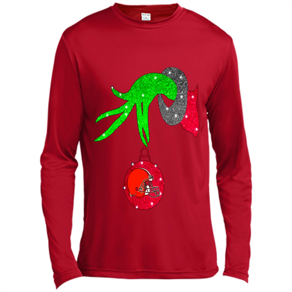 GRINCH HAND HOLDING CLEVELAND BROWNS GLITTER CHRISTMAS PINGPONG