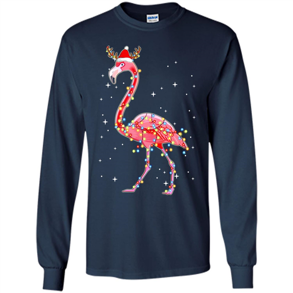 Christmas Lights Flamingo Wearing Santa Hat Funny Xmas - Long Sleeve T-Shirt