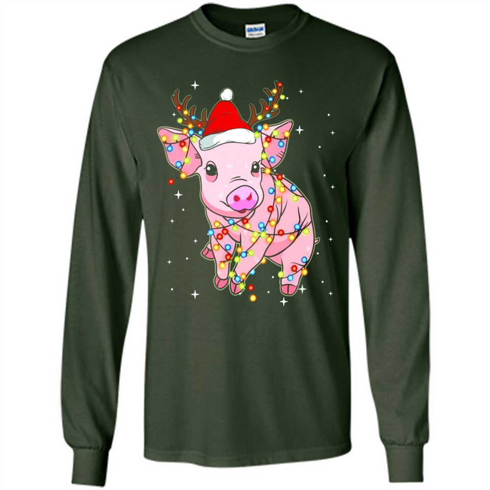 Christmas Lights Pig Wearing Santa Hat Funny Xmas - Long Sleeve T-Shirt