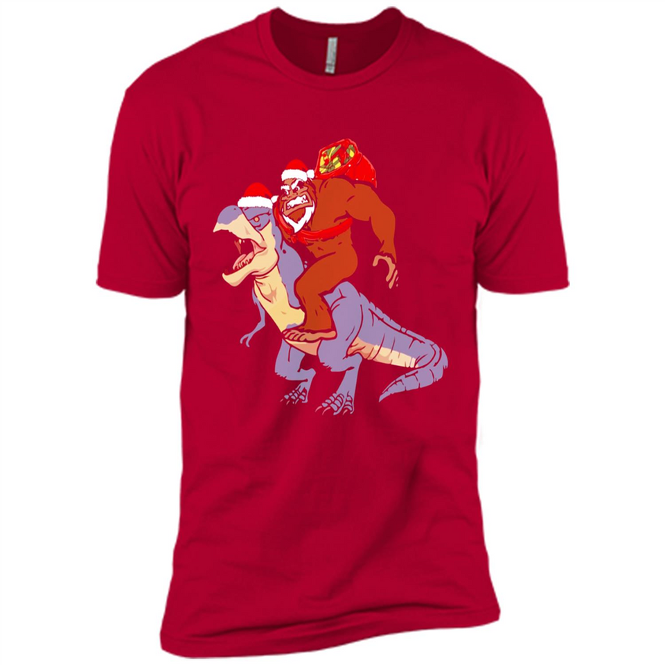 Bigfoot Riding Dinosaurus T-Shirt Funny Bigfoot Santa - Premium Short Sleeve T-Shirt
