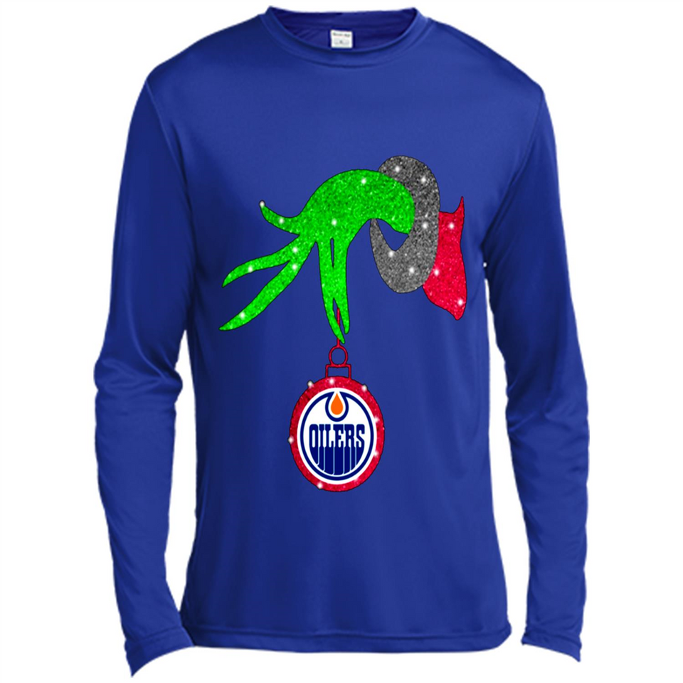 GRINCH HAND HOLDING EDMONTON OILERS GLITTER CHRISTMAS PINGPONG
