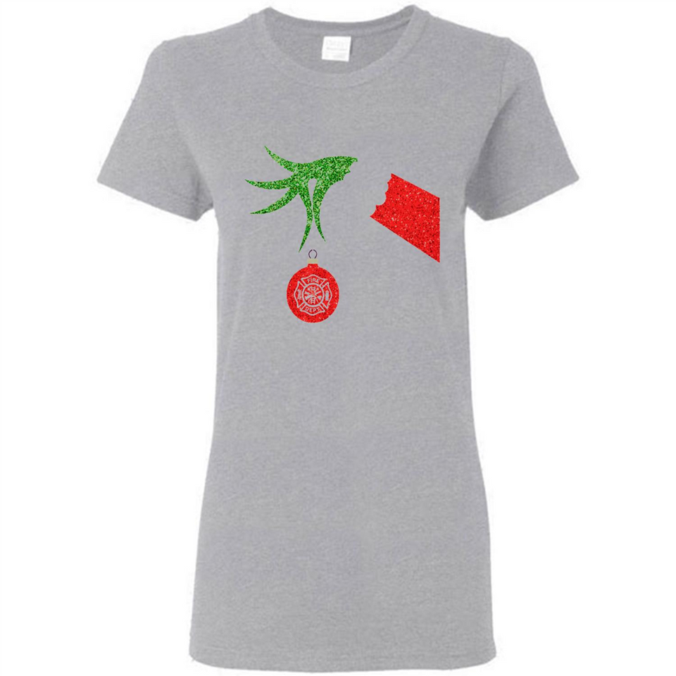Funny Grinch Hand holding Firefighter ornament Christmas Sporty T-Shirt - Ladies Short-Sleeve