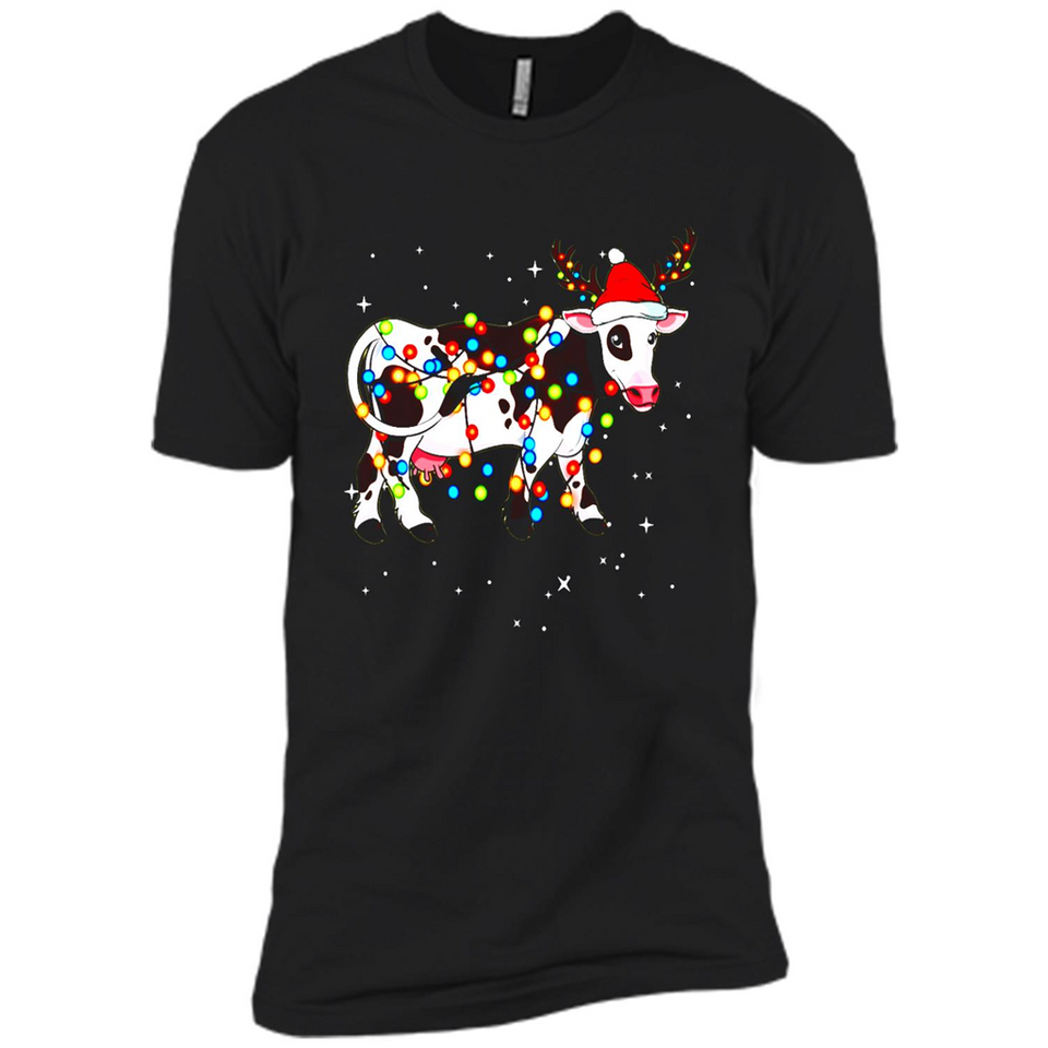 Christmas Lights Cow Wearing Santa Hat Funny Xmas Sweatshirt - Premium Short Sleeve T-Shirt