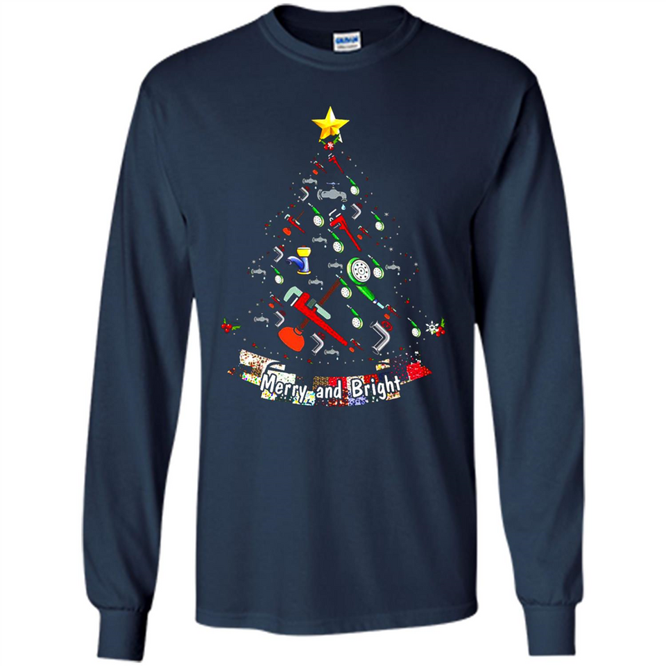 Merry And Bright Plumber Christmas Tree Shirt PINGPONG - Long Sleeve T-Shirt