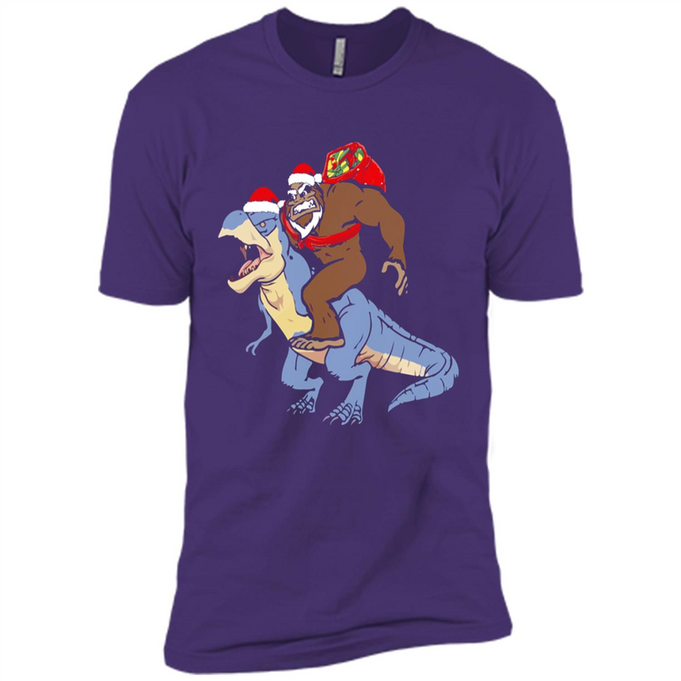 Bigfoot Riding Dinosaurus T-Shirt Funny Bigfoot Santa - Premium Short Sleeve T-Shirt