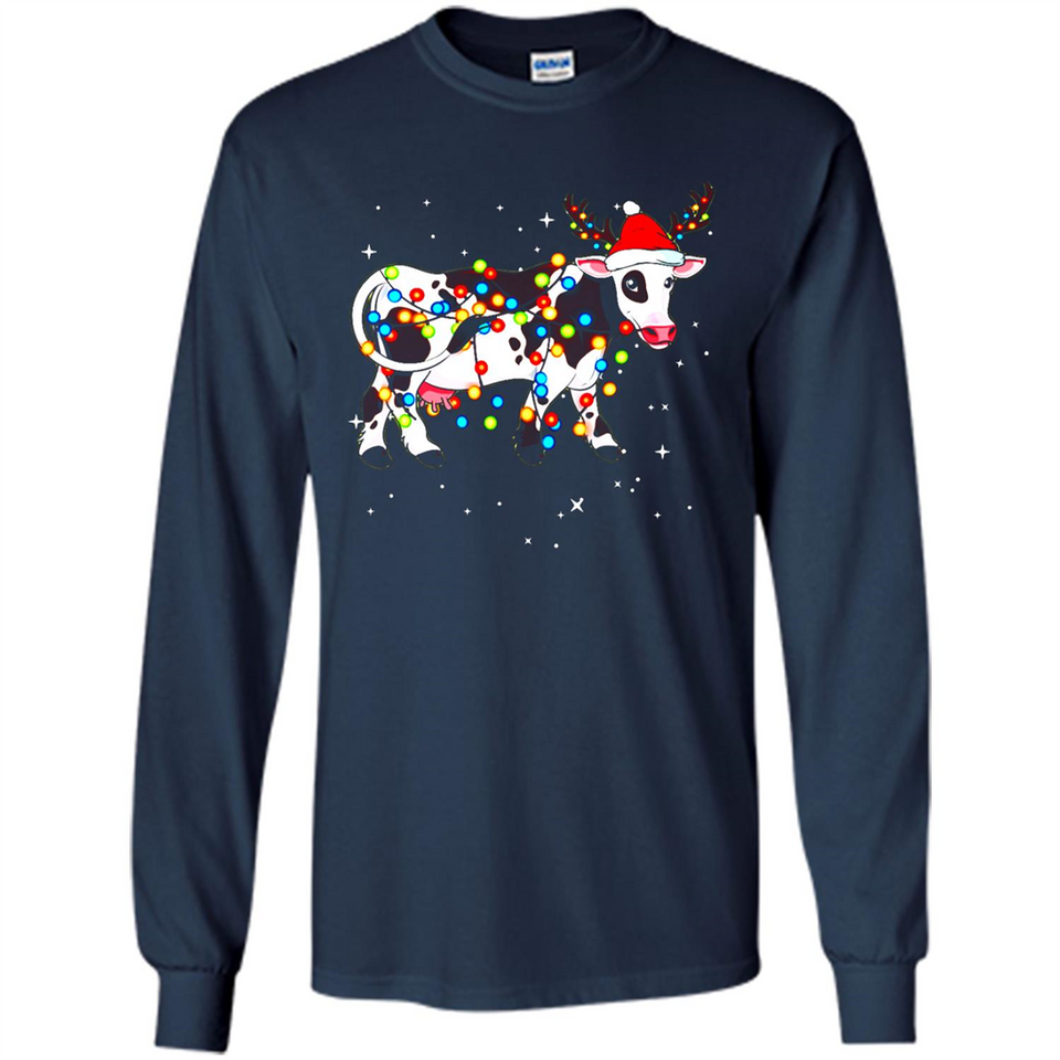 Christmas Lights Cow Wearing Santa Hat Funny Xmas Sweatshirt - Long Sleeve T-Shirt