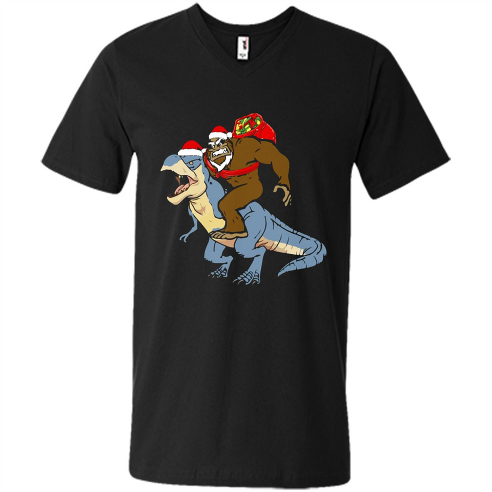 Bigfoot Riding Dinosaurus T-Shirt Funny Bigfoot Santa - Men's V-Neck