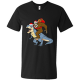 Bigfoot Riding Dinosaurus T-Shirt Funny Bigfoot Santa - Men's V-Neck
