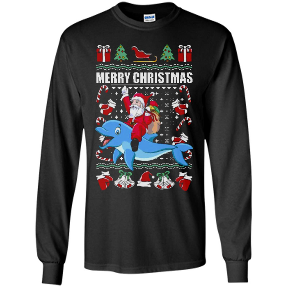 Ugly Christmas Santa Riding Dolphin - Long Sleeve T-Shirt