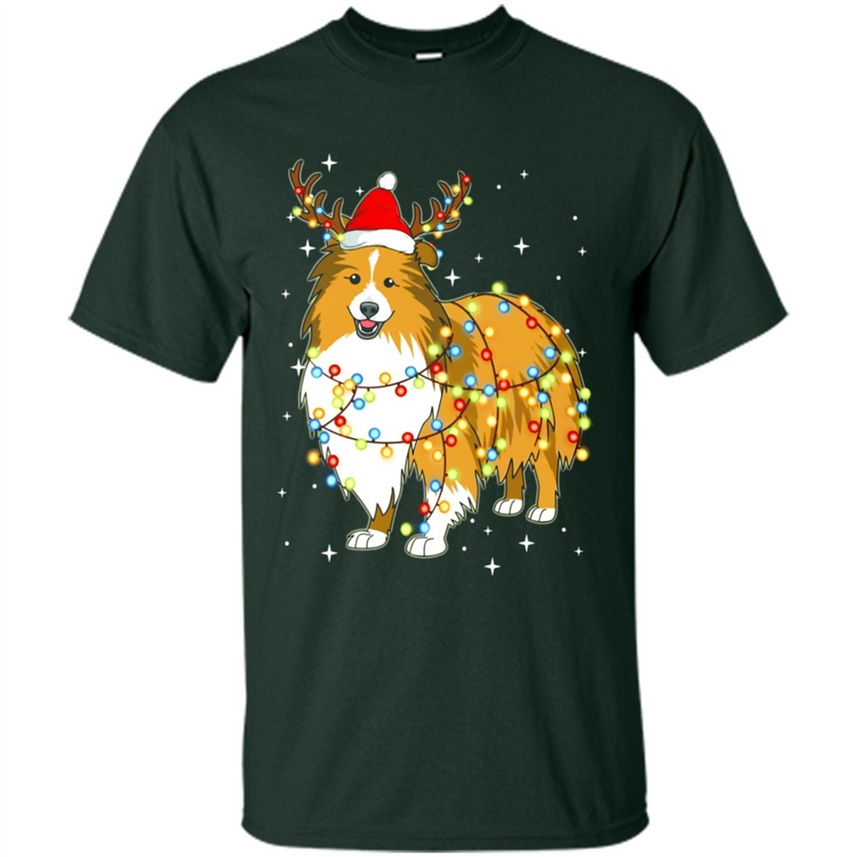 Christmas Lights Shetland Sheepdog Wearing Santa Hat Funny Xmas - Shirt