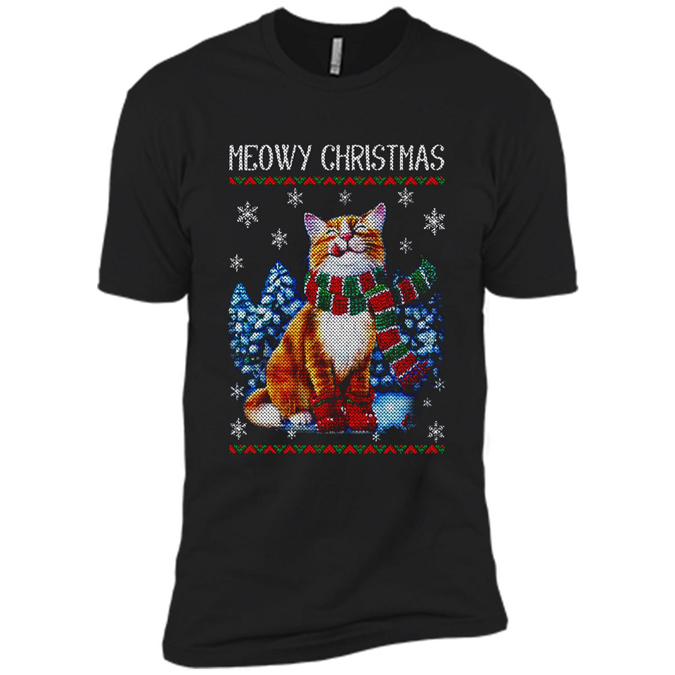 Christmas Ugly Sweater Cat With Christmas Meowy Chritstmas - Premium Short Sleeve T-Shirt