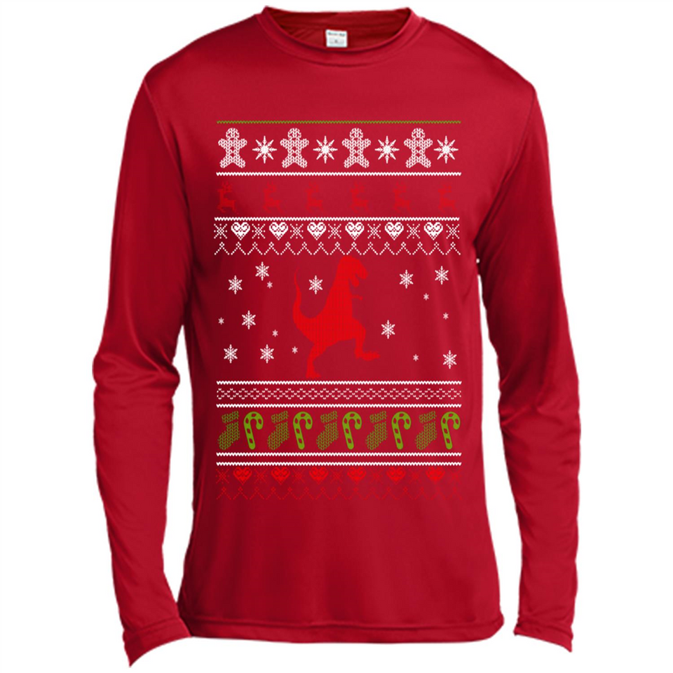 Dinosaur and Santa Ugly Christmas Sweater - Canvas Long Sleeve T-Shirt