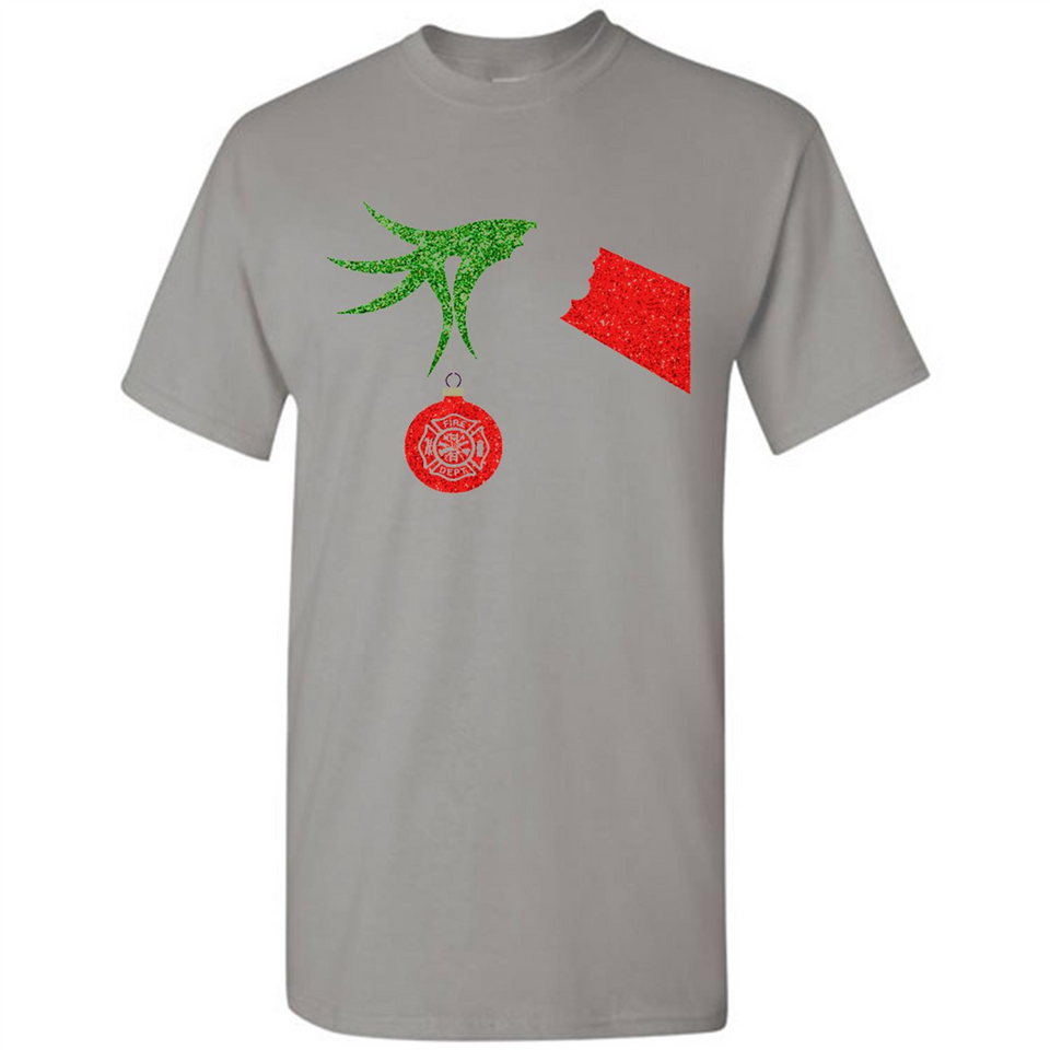 Funny Grinch Hand holding Firefighter ornament Christmas Sporty T-Shirt - Shirt