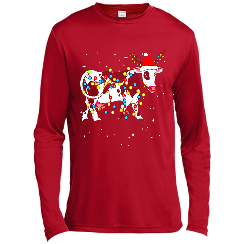 Christmas Lights Cow Wearing Santa Hat Funny Xmas Sweatshirt - Canvas Long Sleeve T-Shirt