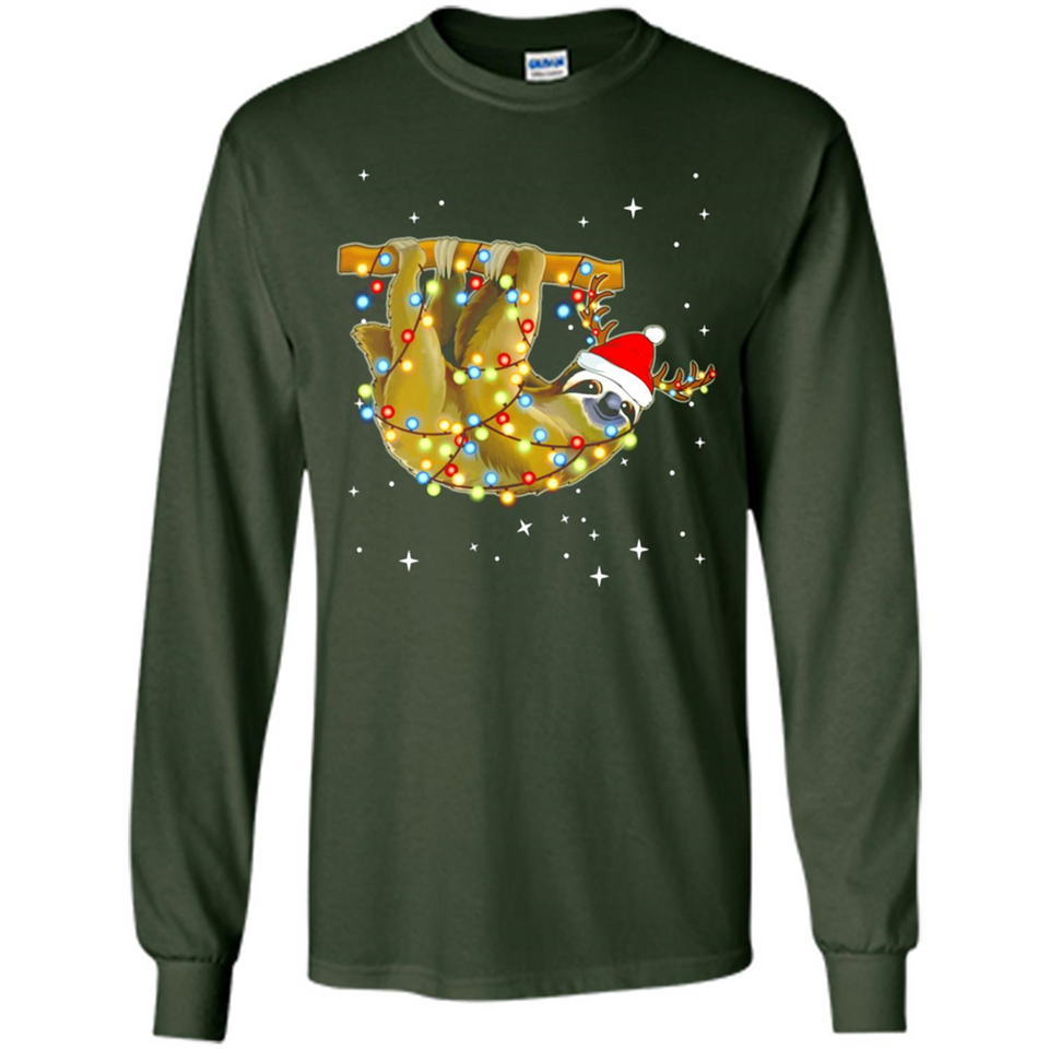Christmas Lights Sloth Wearing Santa Hat Funny Xmas - Long Sleeve T-Shirt