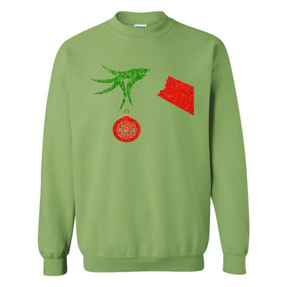 Funny Grinch Hand holding Firefighter ornament Christmas Sporty T-Shirt - Sweatshirt