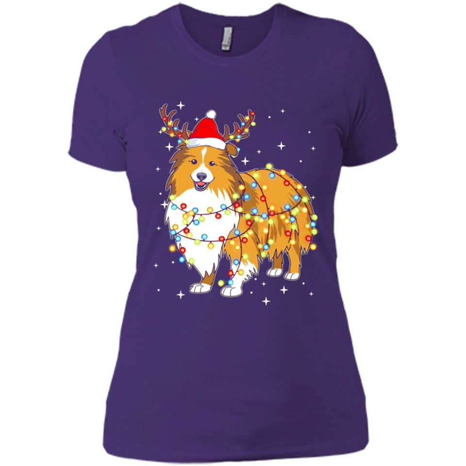 Christmas Lights Shetland Sheepdog Wearing Santa Hat Funny Xmas - Ladies' Boyfriend T-Shirt