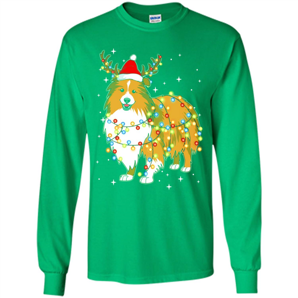 Christmas Lights Shetland Sheepdog Wearing Santa Hat Funny Xmas - Long Sleeve T-Shirt