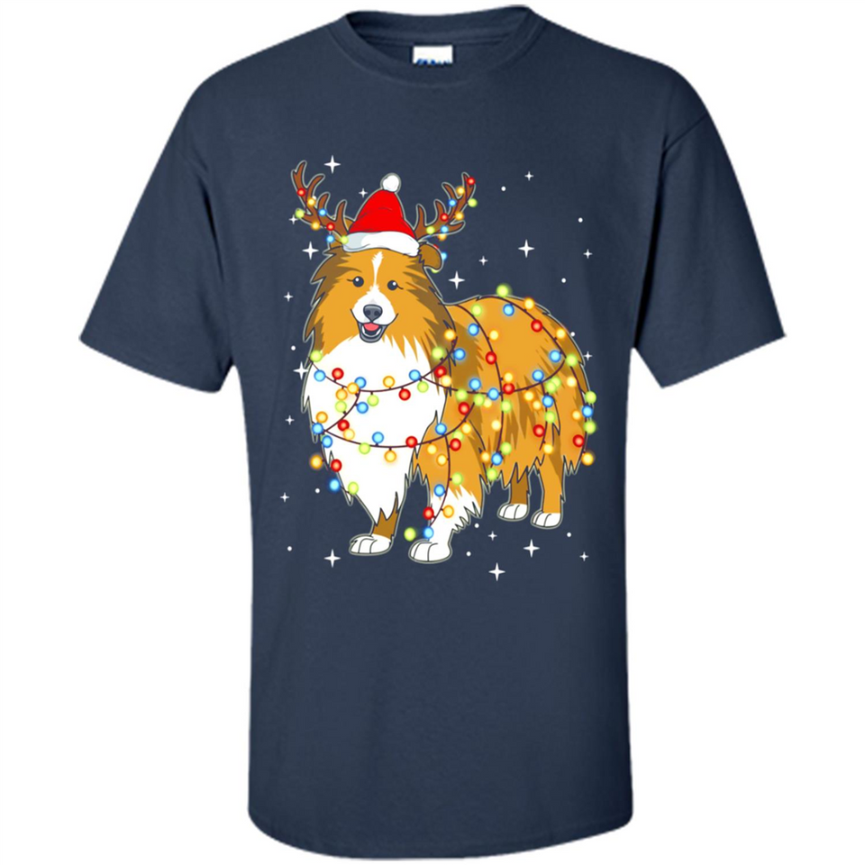 Christmas Lights Shetland Sheepdog Wearing Santa Hat Funny Xmas - Shirt