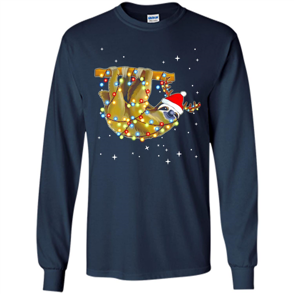 Christmas Lights Sloth Wearing Santa Hat Funny Xmas - Long Sleeve T-Shirt