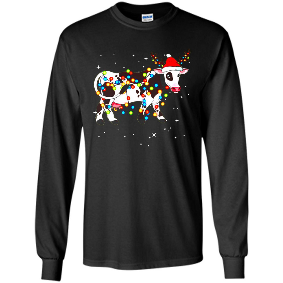 Christmas Lights Cow Wearing Santa Hat Funny Xmas Sweatshirt - Long Sleeve T-Shirt