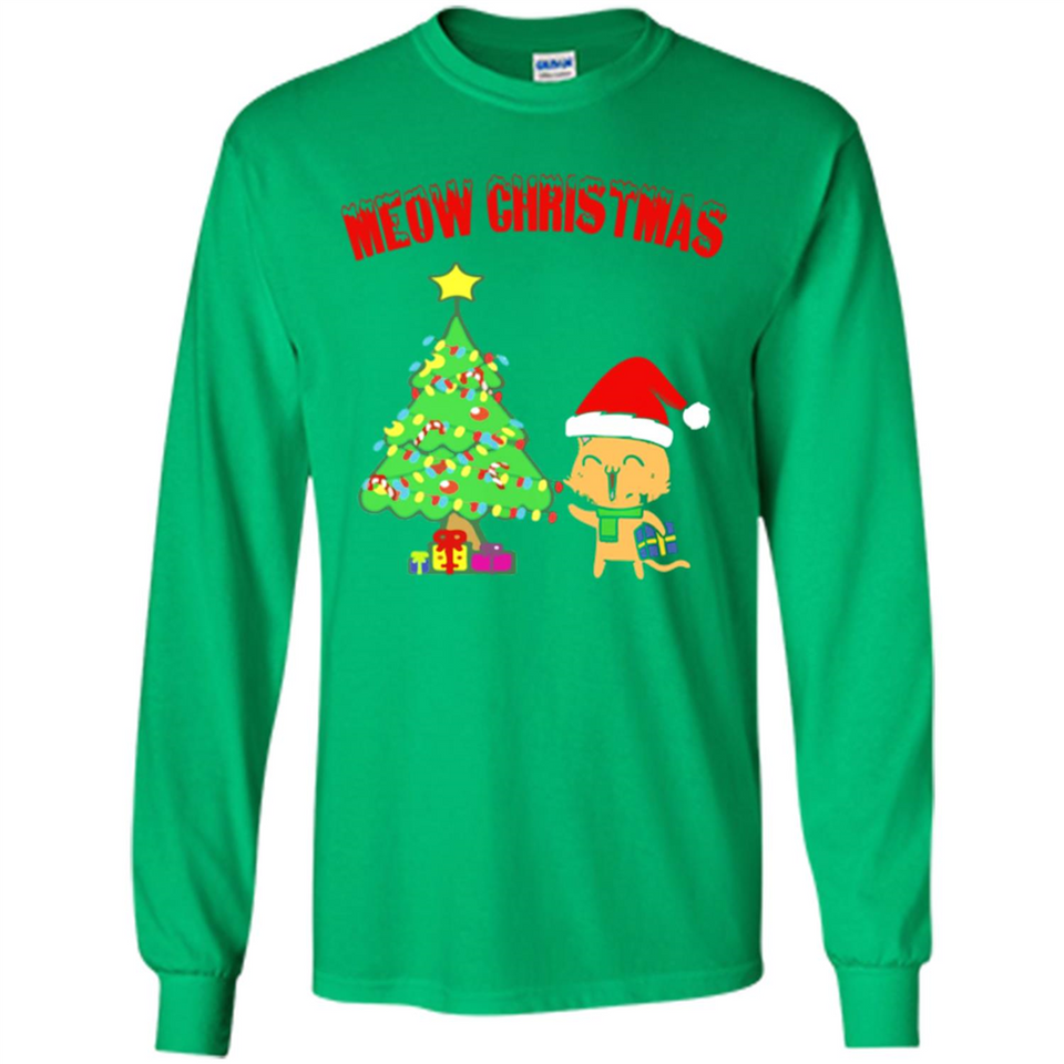 Meow merry christmas- cat and pine merry christmas - Long Sleeve T-Shirt
